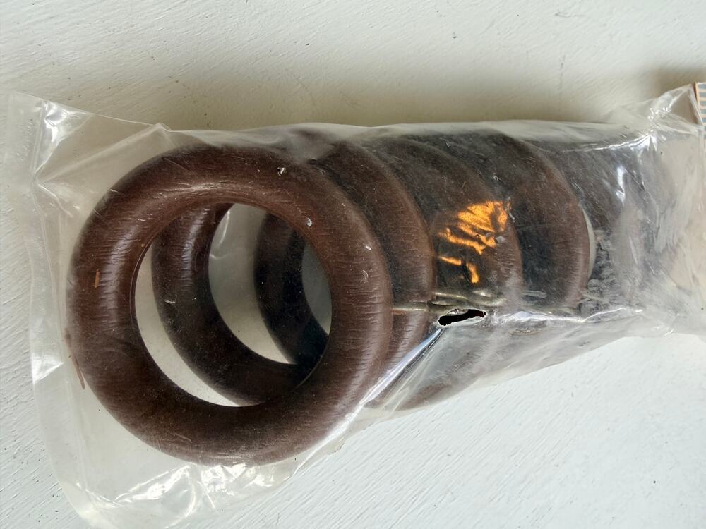 Vintage Wood Curtain Pole Rings, Dark Oak Drapery Loop Set of 7
